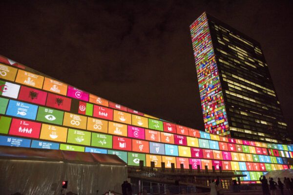 Projection of Sustainable Development Goals onto the UN Headquarters, north façade of the Secretariat building.