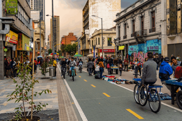 Pedestrianised central city street with cycleway that forms part of a network of bikeways known as the Ciclovia, part of a transformation project to prioritise sustainable mobility in the city of Bogotá, Colombia. Credit: iStock
