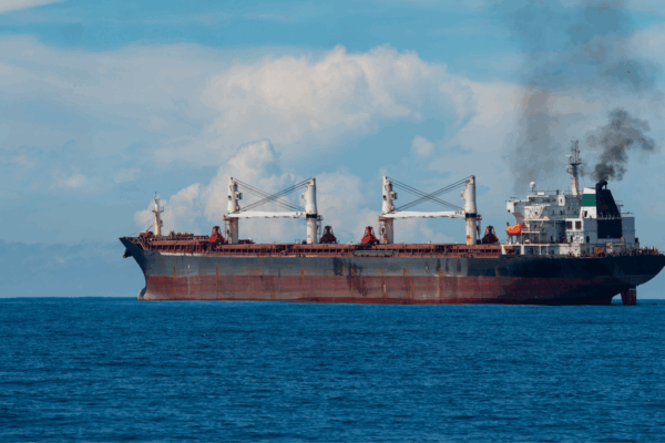 A plum of smoke billows out of a rusty red cargo ship on the blue ocean with blue skies.