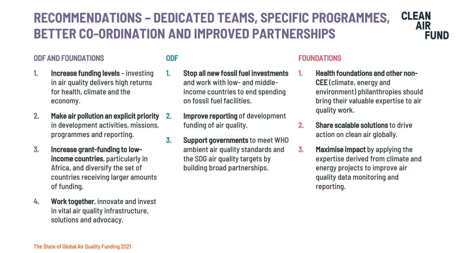 recommendations - dedicated teams, specific programmes, better co-ordination and improved partnerships.